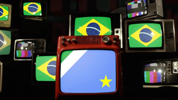 Flag of Mato Grosso do Sul and Brazil Flags on Retro TVs.