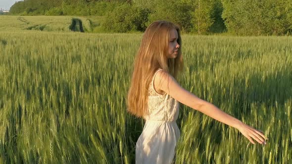 Girl Walking in Wheat Field at Sunset Aerial View