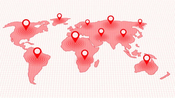 Red Color World Map Location Tracking Animated On White Background