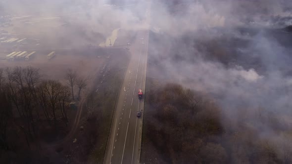 Fire, Dry Grass Lanes in Fire, Firefighters at Work, Disaster, Ecological Catastrophe