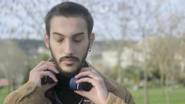 Young Man Wearing Onear Headphones