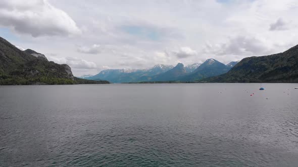 Scenic Aerial View of Mountain Lake, Wolfgangsee, Salzburg, Austria, Alps