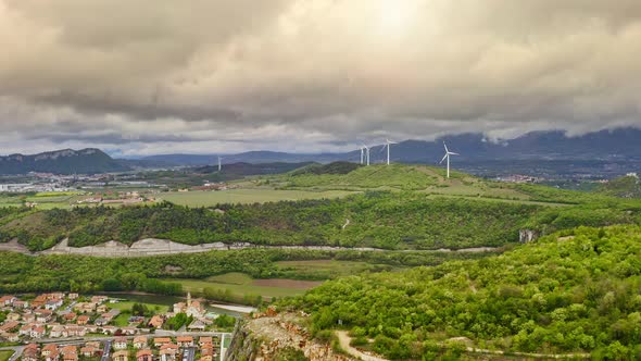 Breathtaking Aerial View Beautiful Mountain Slopes Canyon Wood on Hills Green Fields Thick Clouds