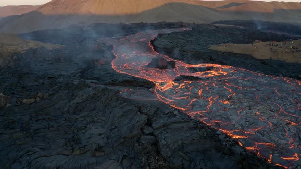 Local People Watching River Of Hot Viscous Lava Flowing On Earth Surface. Fagradalsfjall Eruption