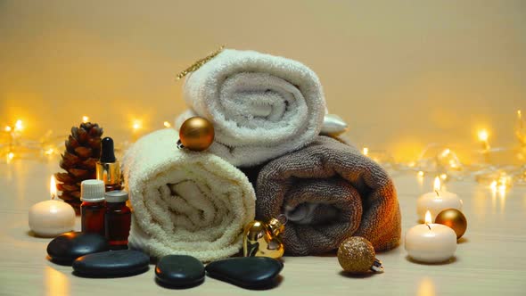 Spa Salon Items and Attributes with Christmas Decorations in Mild Snowfall Beautiful Christmas