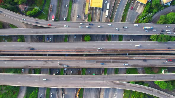 Stunning Aerial view drone shot above freeway traffic