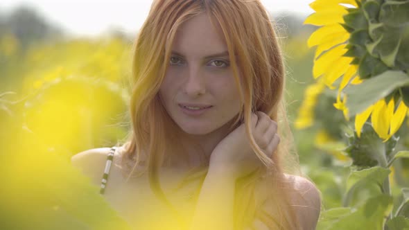 Portrait of Cute Confident Sensual Girl with Red Hair and Green Eyes Standing on Sunflower Field
