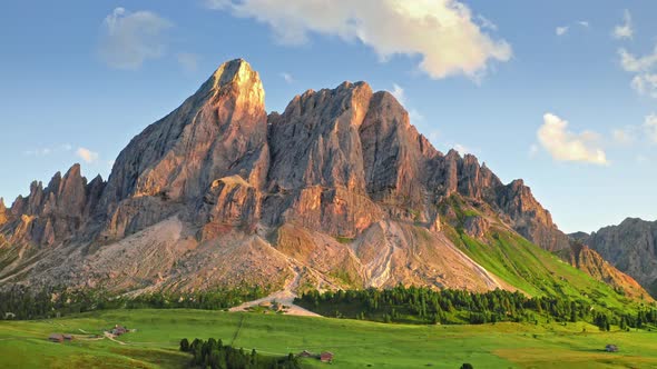 Passo delle Erbe in Dolomites at sunset, view from above