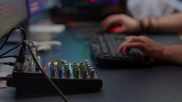 Close Up of Professional Keyboard with RGB Lighting Streaming at Chat