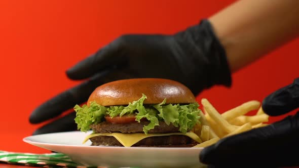 Person Demonstrating Delicious Burger With French Fries, Fast Food Festival