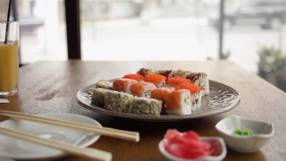 Japanese Sushi Rolls in a Cafe Restaurant