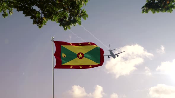 Grenada Flag With Airplane And City -3D rendering