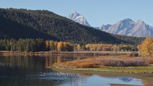 Panning view of Oxbow Bend in the Grand Tetons during Fall