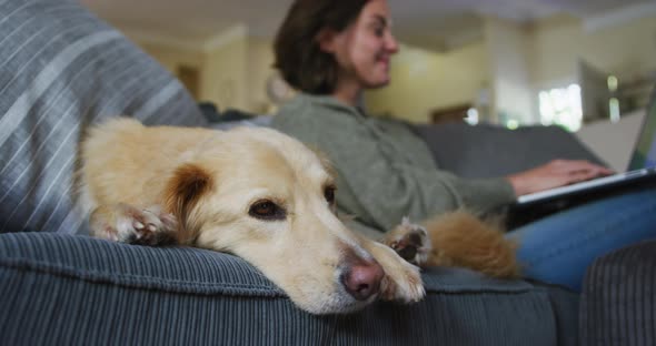 Smiling caucasian woman using laptop working from home with her pet dog on sofa next to her