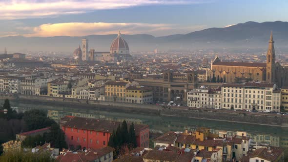 City of Florence, Italy Before Sunset. Panorama of Santa Maria Del Fiore Cathedral, Arno River and