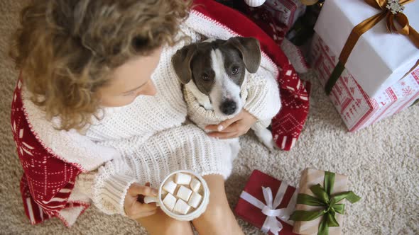 Woman And Dog In Cozy Knitwear Celebrating Christmas At Home