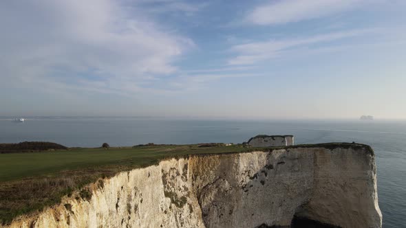 Suggestive and evocative cliff overlooking sea, Old Harry Rocks in County Dorset, UK. Aerial pedesta