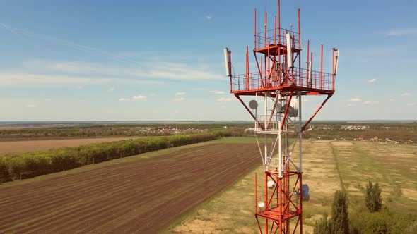 Aerial view of telecommunication tower in a rural location.