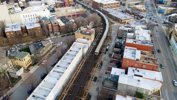 Public Transportation Concept - Train Transit System in Chicago. Aerial