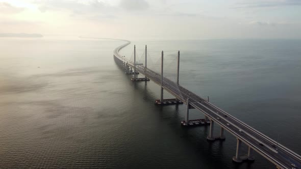 Aerial view misty Penang Second Bridge