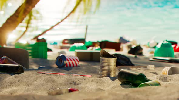 Extremely littered beach. Rubbish. Garbage. Waste. A lot of trash on the sand.