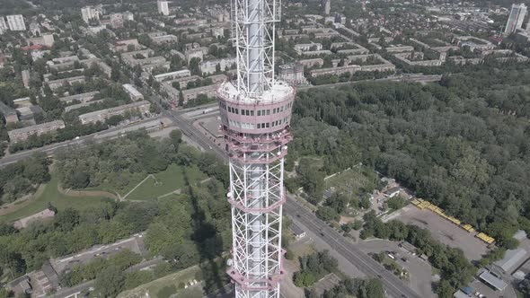 The Architecture of Kyiv. Ukraine: TV Tower. Aerial View. Slow Motion, Flat, Gray