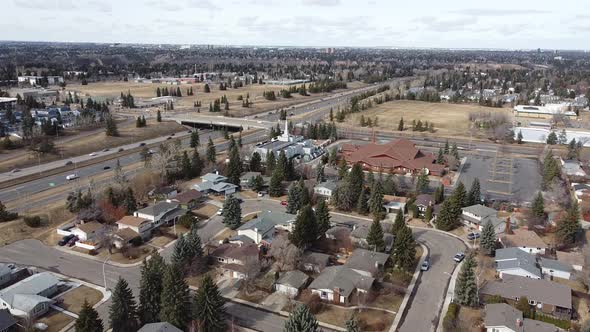 Aerial tracking towards Mormon LDS Temple in Edmonton Alberta