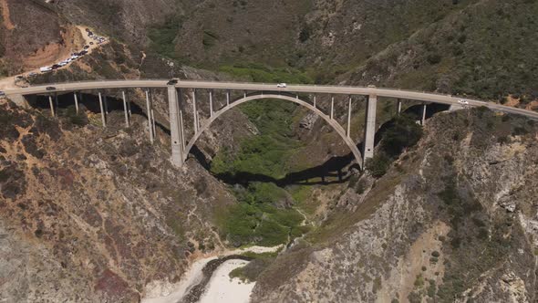 Aerial of the Bixby Bridge and coastline in California