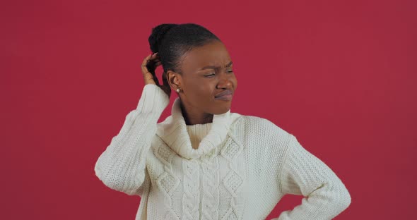 Portrait of Beautiful Afro American Young Mixed Race Woman Girl Ethnic Model Wears White Sweater