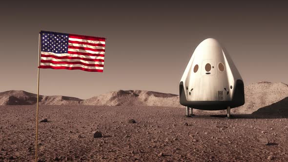 Descent Module Of Commercial Spacecraft On Surface Of Mars And American Flag