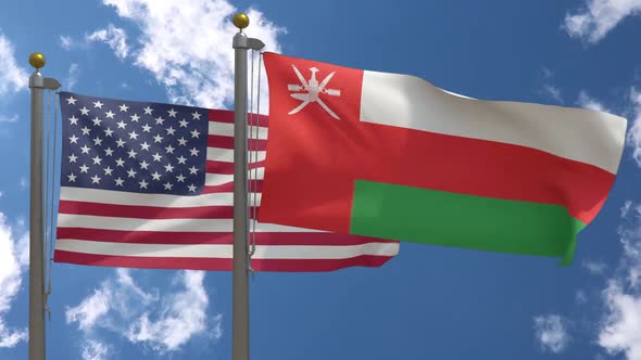 Usa Flag Vs Oman Flag On Flagpole