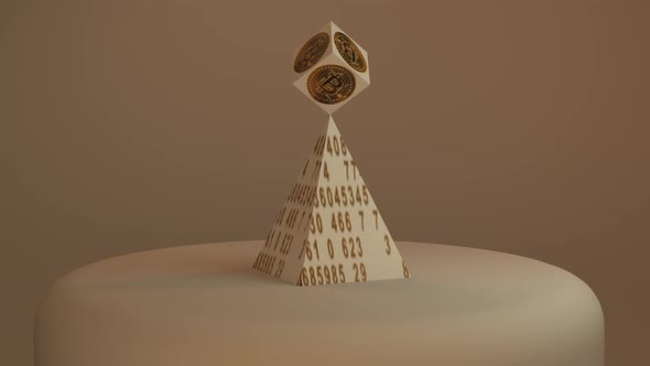 Looped Animation of realistic coloring cryptocurrency bitcoin with pyramid covered