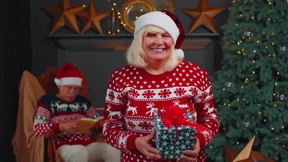 Senior Grandmother in Festive Sweater Presenting Christmas Gift Box Smiling Looking at Camera