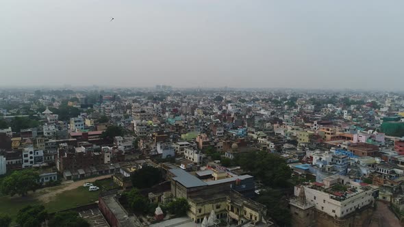 City of Varanasi or Benares in Uttar Pradesh in India seen from the sky