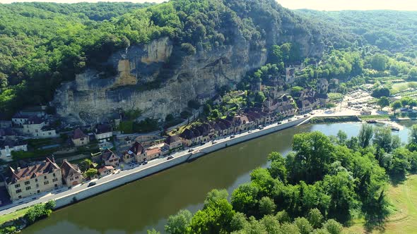 Village of La Roque-Gageac in Perigord in France seen from the sky