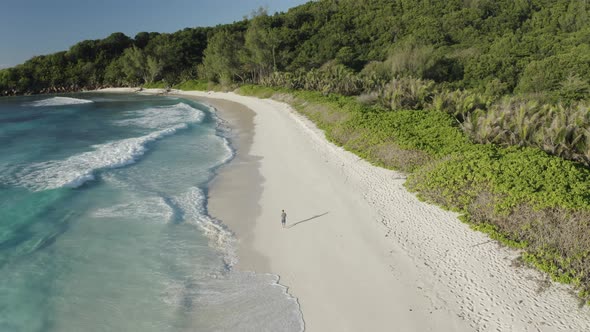 Aerial view of a person walking on the beach of Anse Lazio, Seychelles.