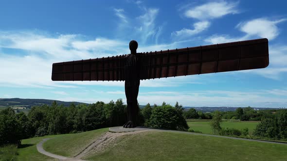 Angel of the North. Drone shot pulls back slow, showing the front of the Angel Of The North in the N