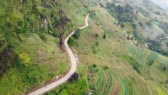 Aerial View of Dangerous and Winding Road in the Mountains of Vietnam