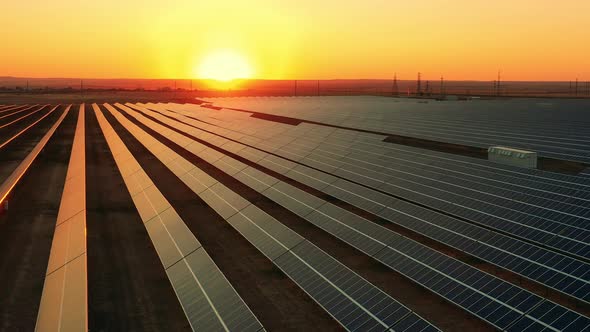 Renewable Energy, Solar Electricity Concept. Photovoltaic Power Field at Sunset in a View From Above