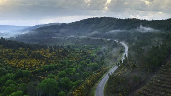 Top View Flying Drone Shooting Highway Road Near Foot of Mountains Hill in Portugal Near Coniferous