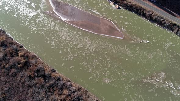 Aerial view of ice chunks floating down the Colorado River