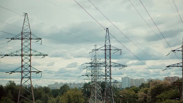 Electricity Transportation Industry Energetics. Power Lines And Blue Sky Time Lapse. High Voltage.