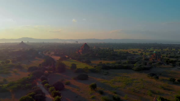 Bagan Myanmar Hot Air Balloon During Sunrise Above Temples and Pagodas of Bagan Myanmar Sunrise