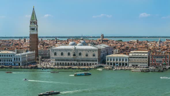 Doge Palace and Saint Mark Tower, Many People in Venice Streets, Boats on Canal