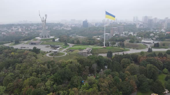 Aerial View of the Flag of Ukraine in Kyiv. Slow Motion. Kiev