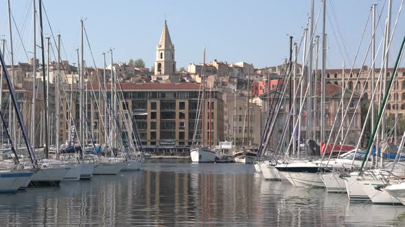 Anchored boats in a harbor