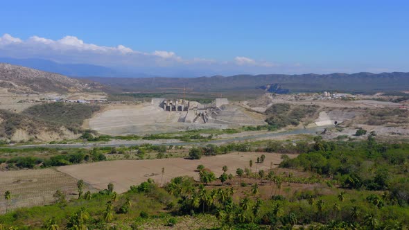 Aerial View of Dominican Republic New Dam Over River. An Environmental Conservation and Economic Dev