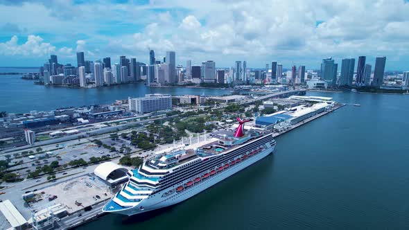 Cityscape Miami Florida United States. Cruise ship at Port of Miami.