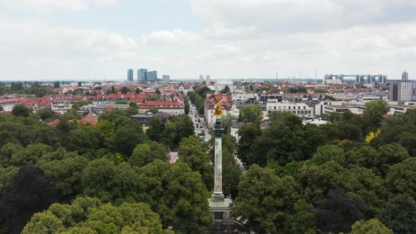 Aerial footage of the famous landmark Friedensengel in Munich, Germany