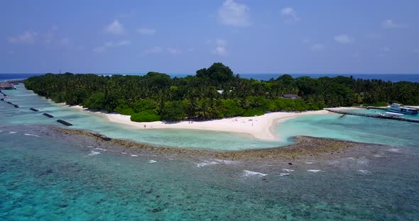 Daytime above copy space shot of a white paradise beach and blue sea background in 4K